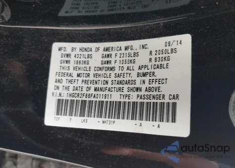 2015 Honda Accord Ex-L из США, поврежденный, VIN 1HGCR2F86FA011911